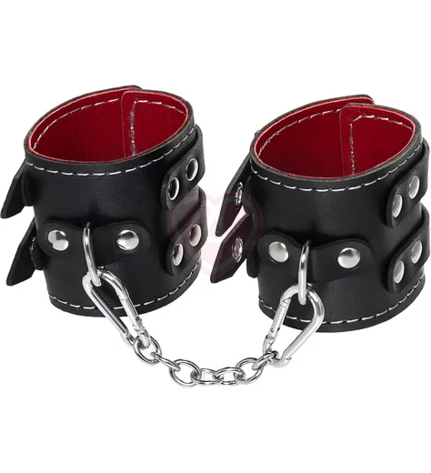 Наручники с двумя ремнями и красной подкладкой Pecado BDSM черные фото 2