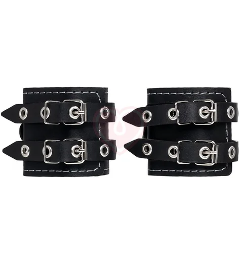 Наручники с двумя ремнями и красной подкладкой Pecado BDSM черные фото 4