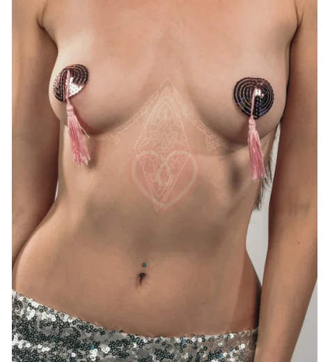 Пэстисы Burlesque Gipsy сердечки из пайеток с длинными кисточками розовые фото 3