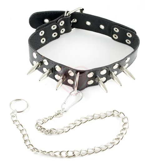 Кожаный ошейник с шипами и поводком Sitabella чёрный фото 2
