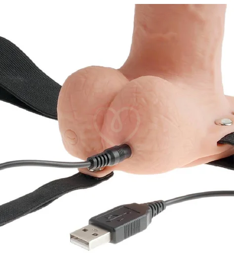 Полый реалистичный фаллопротез с вибрацией Hollow Rechargeable Strap-on with Balls 20 см телесный фото 4