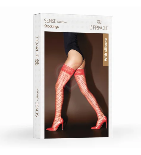 Чулки в крупную сетку с кружевом и силиконовой резинкой Sense красные фото 3