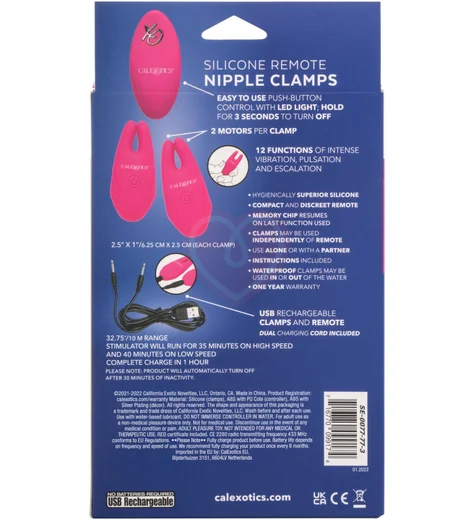 Зажимы для сосков с вибрацией и пультом Remote Nipple Clamps розовые фото 10