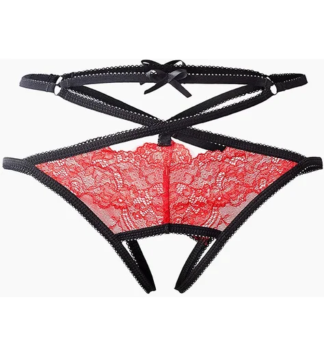 Трусики с открытым доступом из кружева и узких лент Easy To Love красные с чёрным фото 5
