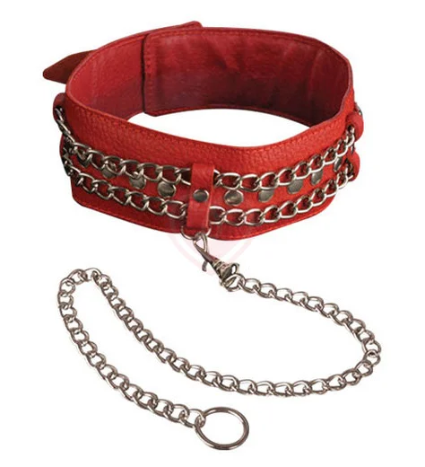 Кожаный ошейник с двумя цепочками Sitabella красный фото 2