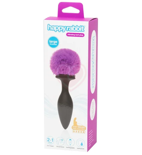Большая анальная пробка с хвостом и кристаллом Happy Rabbit чёрно-фиолетовая фото 2