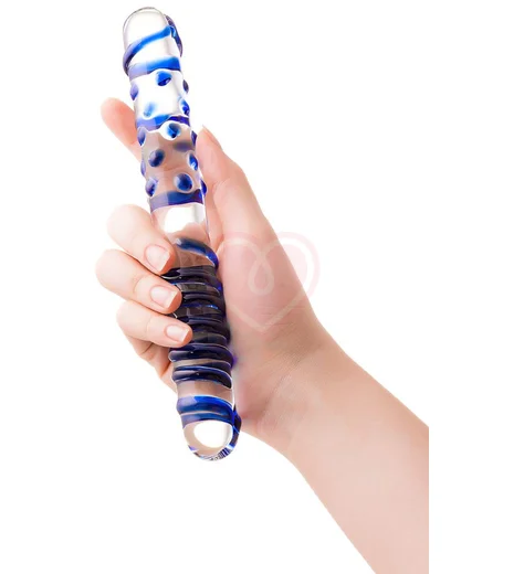 Двусторонний стеклянный фаллоимитатор Sexus Glass прозрачный с синим фото 2