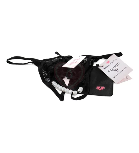 Кружевные трусики с жемчугом и открытым доступом чёрные фото 8