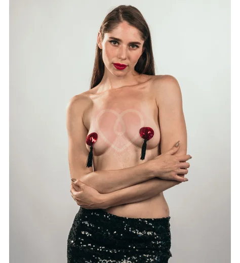 Пэстисы Burlesque Gipsy сердечки из пайеток с длинными кисточками красные с чёрным фото 3