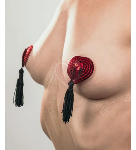 Пэстисы Burlesque Gipsy сердечки из пайеток с длинными кисточками красные с чёрным фото 5