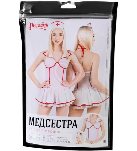 Верхняя часть костюма медсестры корсет и ободок Pecado BDSM белые фото 7