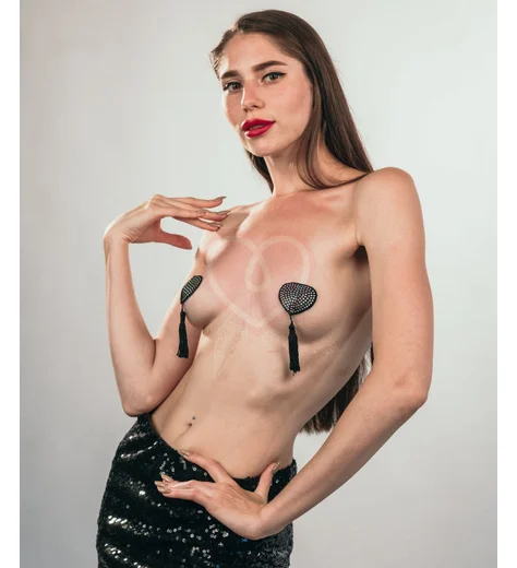 Пэстисы Burlesque Evans сердечки с кисточками чёрные с серебром фото 6