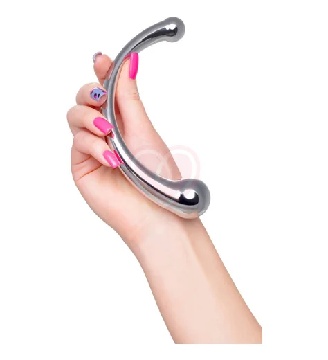 Двусторонний изогнутый металлический фаллоимитатор Metal by Toyfa серебристый фото 3