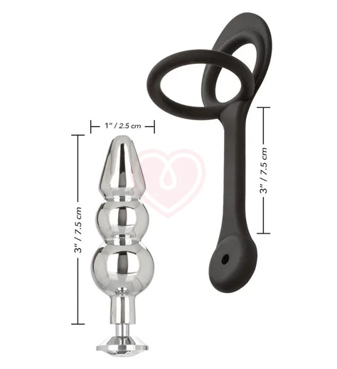 Рельефная анальная пробка с кристаллом и двойным эрекционным кольцом фото 2