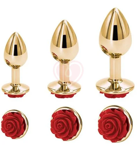 Золотая анальная пробка с красной розочкой Kanikule Small фото 2