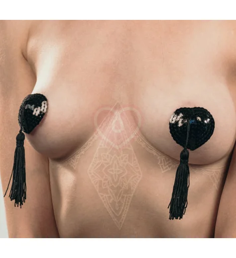 Пэстисы Burlesque Gipsy сердечки из пайеток с длинными кисточками чёрные фото 3