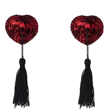 Пэстисы Burlesque Gipsy сердечки из пайеток с длинными кисточками красные с чёрным