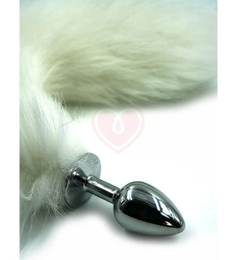 Анальная пробка из алюминия с хвостом из натурального белого меха фото 2