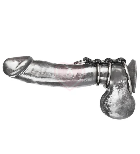 Хомут на пенис из трёх металлических колец и кольца для привязи 3 Ring Gates of Hell фото 1