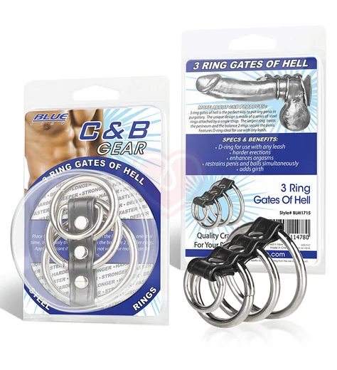 Хомут на пенис из трёх металлических колец и кольца для привязи 3 Ring Gates of Hell фото 2