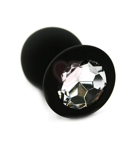 Силиконовая анальная пробка средняя чёрная с прозрачным кристаллом фото 1