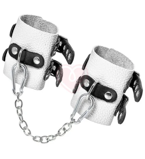 Наручники с двумя ремнями и люверсами Pecado BDSM белые с черным фото 3