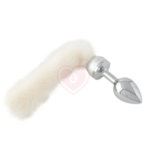 Маленькая металлическая анальная пробка с длинным белым хвостом фото 1
