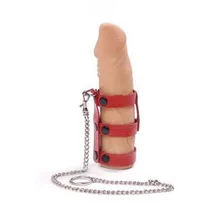 Поводок для члена Sitabella кожаный с 3 ремешками красный