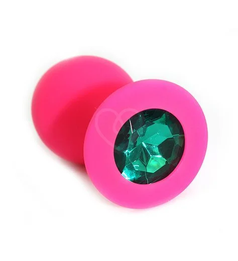 Силиконовая анальная пробка средняя розовая с зелёным кристаллом фото 1
