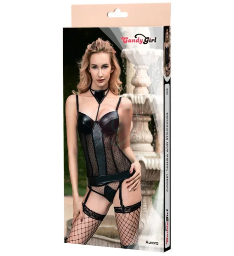 Корсаж wetlook, трусики-танга и чулки Candy Girl Aurora чёрные фото 4