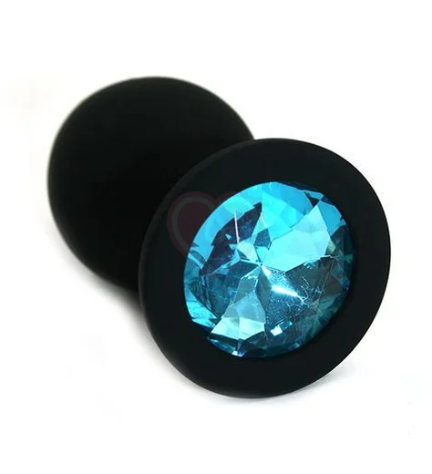 Силиконовая анальная пробка средняя чёрная с голубым кристаллом фото 1