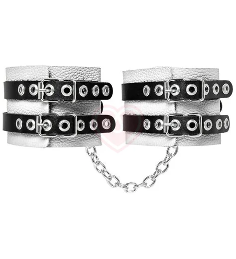 Белые кожаные оковы с двумя чёрными ремнями Crazy Handmade фото 1