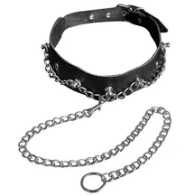 Кожаный ошейник с цепочкой чёрный