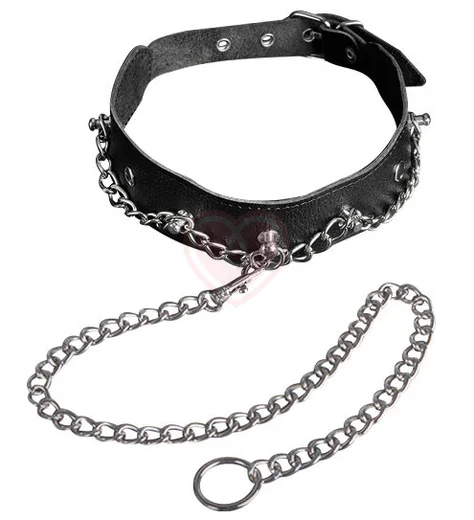 Кожаный ошейник с цепочкой чёрный фото 1