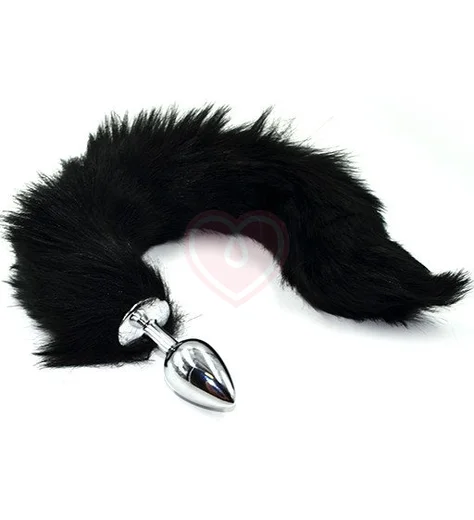 Анальная пробка с чёрным гибким хвостом из искусственного меха фото 1