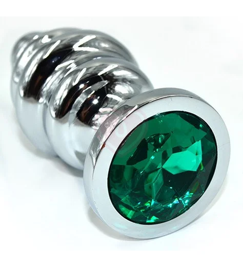 Ребристая анальная пробка Medium с зелёным кристаллом фото 1