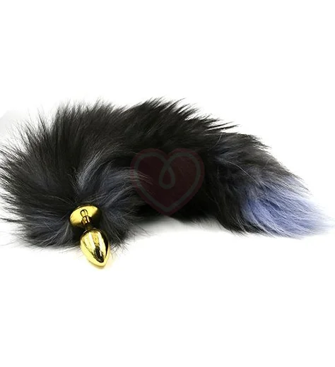 Золотая анальная пробка из алюминия с хвостом из натурального чёрного меха фото 1