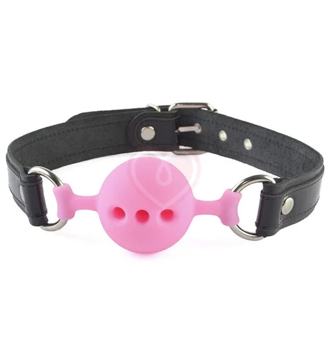Кляп с кожаным ремешком и силиконовым шариком чёрно-розовый фото 1