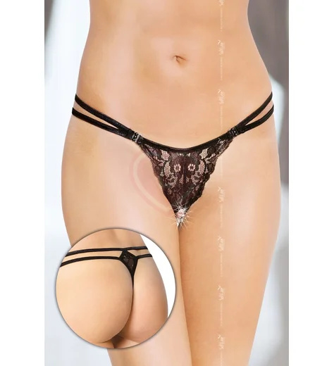 Кружевные стринги с прорезью чёрные фото 1