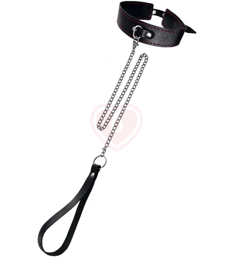 Ошейник с поводком и красной строчкой Pecado BDSM черный фото 1