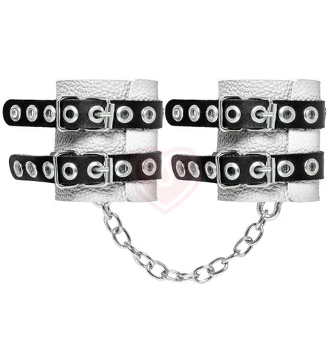 Белые кожаные наручники с двумя чёрными ремнями Crazy Handmade фото 1