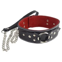 Ошейник с красной подкладкой и поводком чёрный