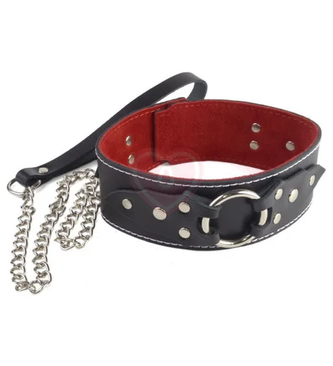 Ошейник с красной подкладкой и поводком чёрный фото 1