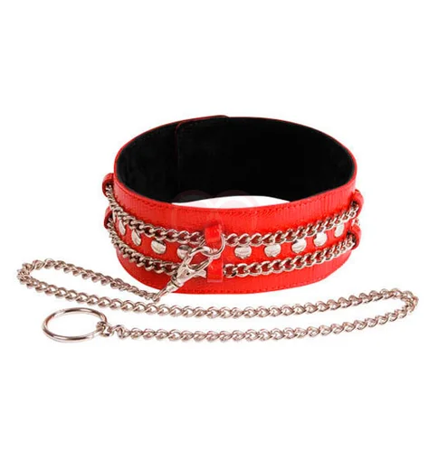 Кожаный ошейник с двумя цепочками Sitabella красный фото 1