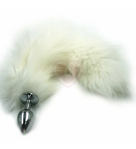 Анальная пробка из алюминия с хвостом из натурального белого меха фото 1