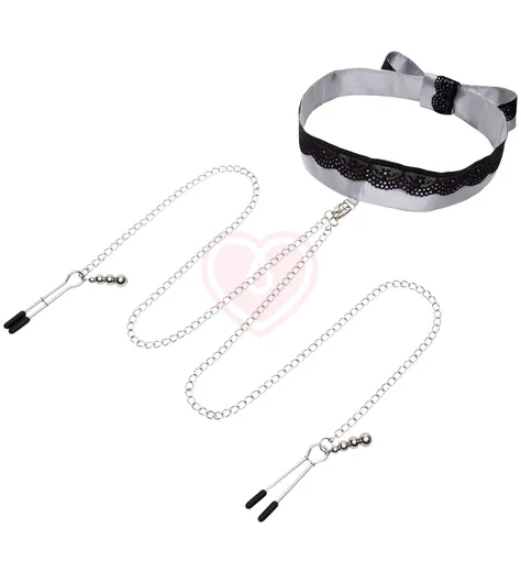 Атласный ошейник с зажимами для сосков '50 оттенков серого' Play Nice фото 1