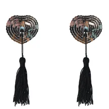 Пэстисы Burlesque Gipsy сердечки из пайеток с длинными кисточками серебряные с чёрным