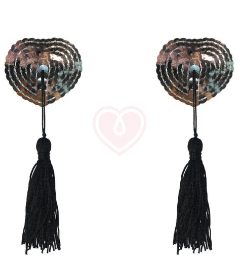 Пэстисы Burlesque Gipsy сердечки из пайеток с длинными кисточками серебряные с чёрным фото 1