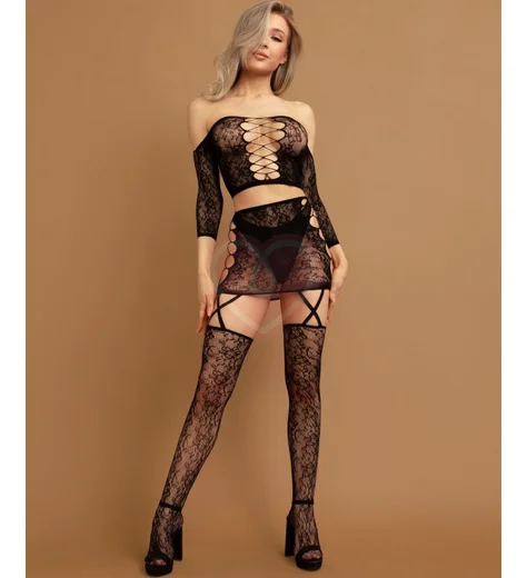 Комплект из топа и мини-юбки с чулками Impulse чёрный фото 1