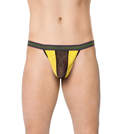 Мужские стринги с разноцветной резинкой и вставкой из сетки жёлтые фото 1